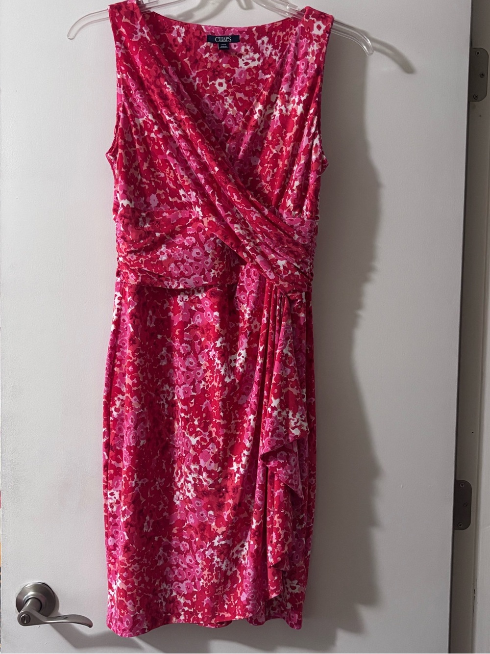 Chaps Red Pink Floral Faux Wrap V-Neck Sleeveless Ruffle Dress Size L - Picture 2 of 7